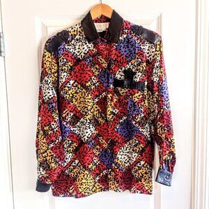 Vintage Cache Multicolor Silk Black Leather Trim Blouse